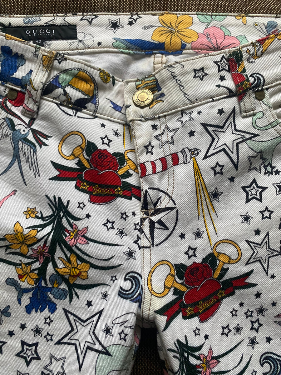 Vintage Gucci Tattoo Print White Jeans – Marina Vintage Uk