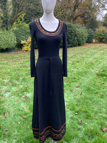 Vintage 1970s Avagolf Maxi Boho Black Knit Dress with Gold Lurex Embroidery