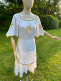 Vintage White Crinkle Cotton Dress with Gold Embroidery