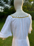 Vintage White Crinkle Cotton Dress with Gold Embroidery